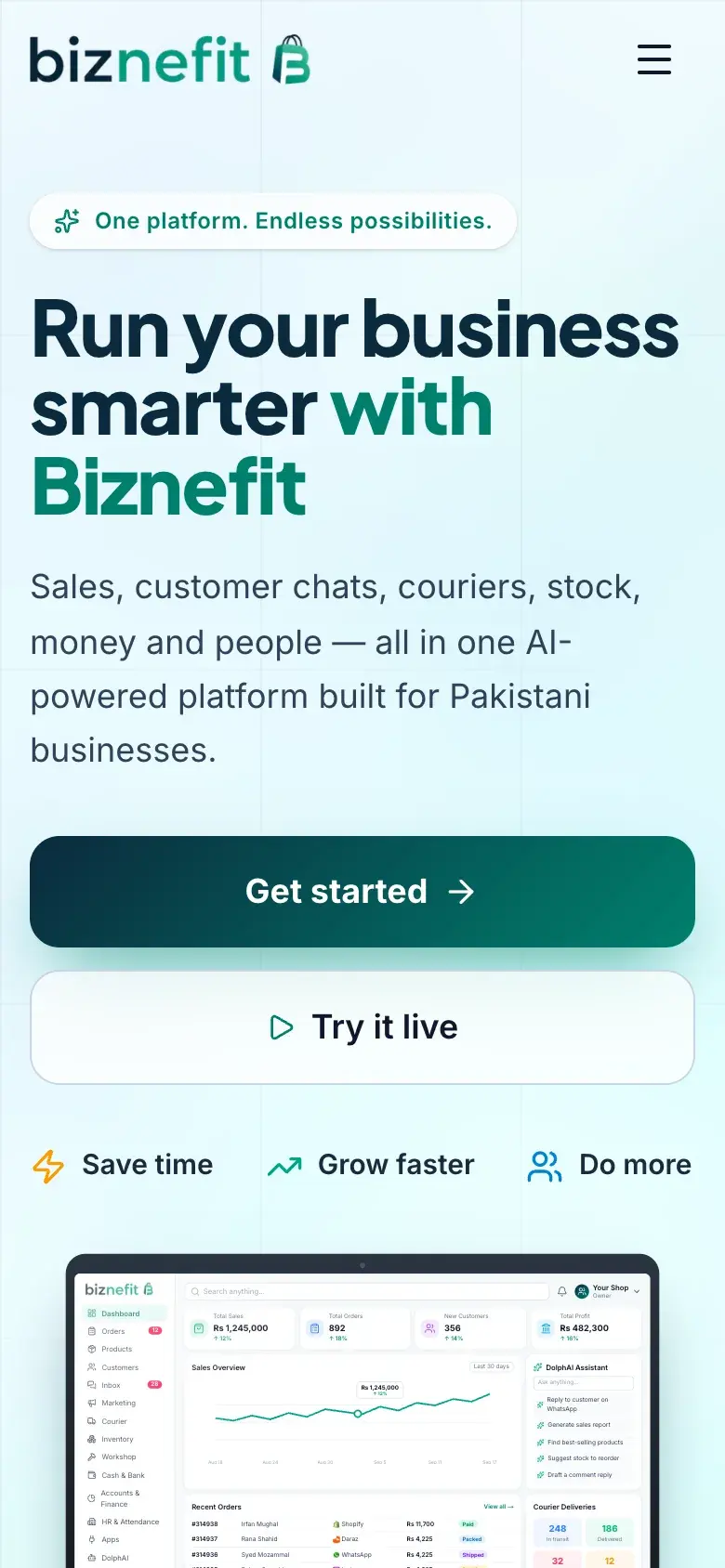 Biznefit home page on a phone, with the headline and a dashboard preview.