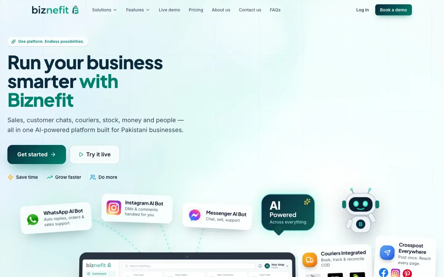 Biznefit home page: the headline "Run your business smarter with Biznefit" above a preview of the dashboard and its AI assistants.